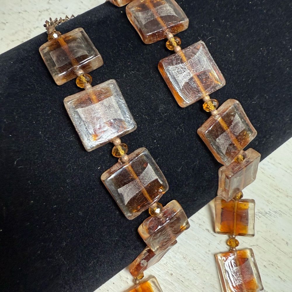 Vintage Carolee Amber Glass Square Bead Statement Necklace Gold Tone Chain